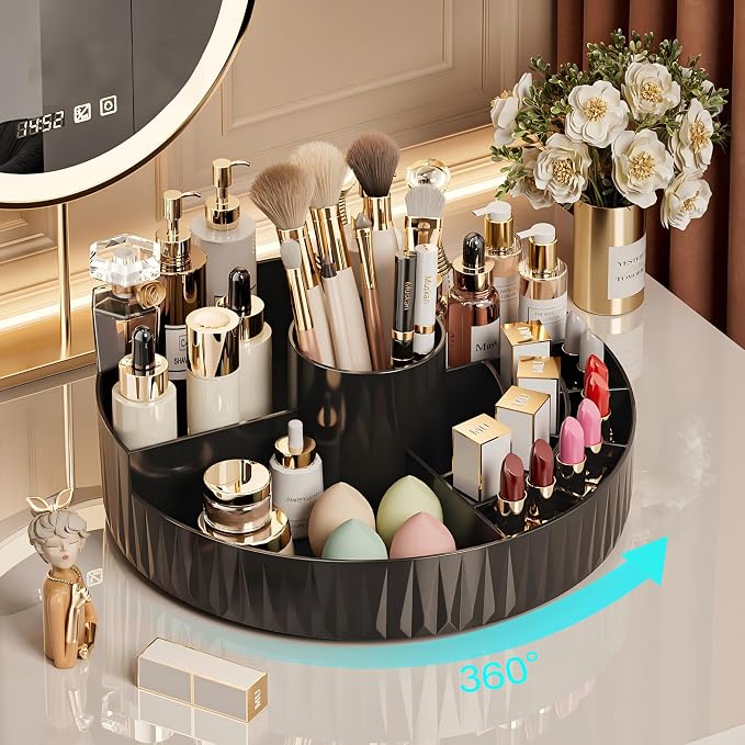 360° Rotate Makeup Organizer, Countertop Skincare Organizer, Large Capacity Multi-Compartment Makeup Brush Lipstick Skincare Organizer, Cosmetic Storage for Dresser Vanity & Bathroom (Black)
