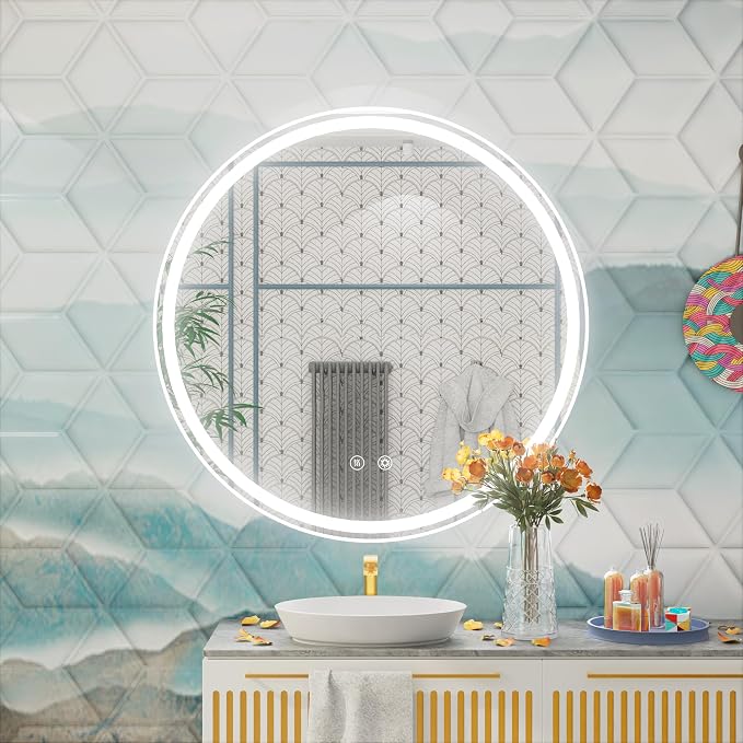 28 Inch Round LED Bathroom Mirror with Front & Backlit Lights | ETL Listed‌, Frameless 5mm HD Glass, Adjustable Brightness, Anti-Fog, Memory Function, CRI 90+, IP54 Waterproof