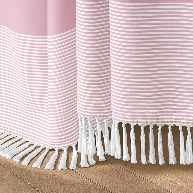 Pink Boho Cotton Striped Shower Curtain with Tassel 72" W X 72" L | Boho Farmhouse Shower Curtains for Bathroom with Soft Cotton Feel