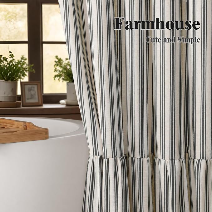 Farmhouse Shower Curtain Ruffle Linen Cream-Black Stripe 72"W x 75"L | Farmhouse Boho, Striped, Bottom Ruffle, Linen Fabric, Rustic, Country, Natural Look, Washable, for Bathroom Bathtub