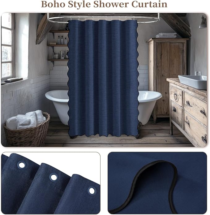 54x78 Boho Scalloped Linen Textured Cloth Shower Curtain, Navy Blue | Narrow Long Size, 230GSM Waterproof Polyester, Heavy Duty Fabric, 10 Plastic Hooks, Elegant Farmhouse Style, Machine Washable