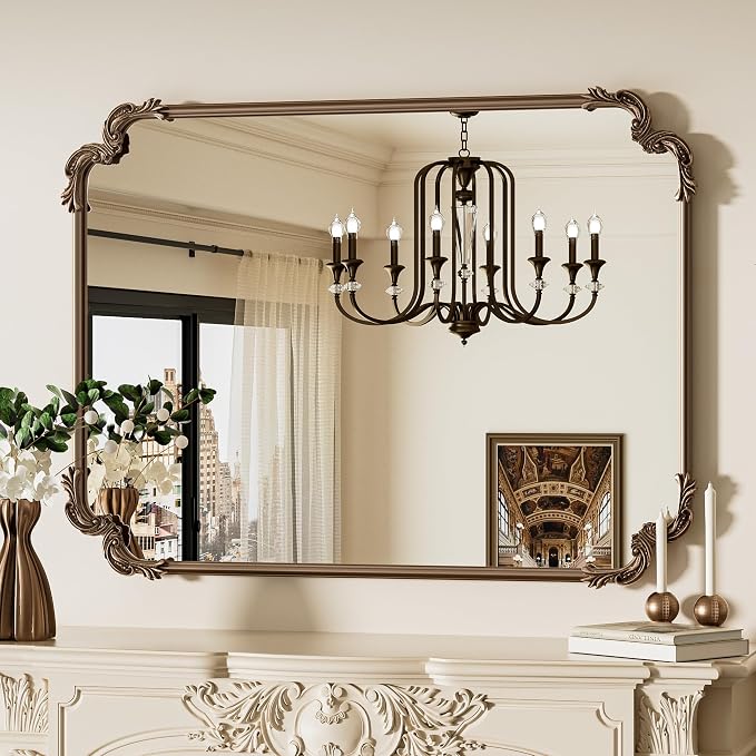 Baroque Gold Antique Brass Scroll Wall Mirror 40 x 30 Vintage Rectangle Framed Baroque French Rectangular Mirror for Mantle Fireplace Bathroom Living Room, Horizontal/Vertical