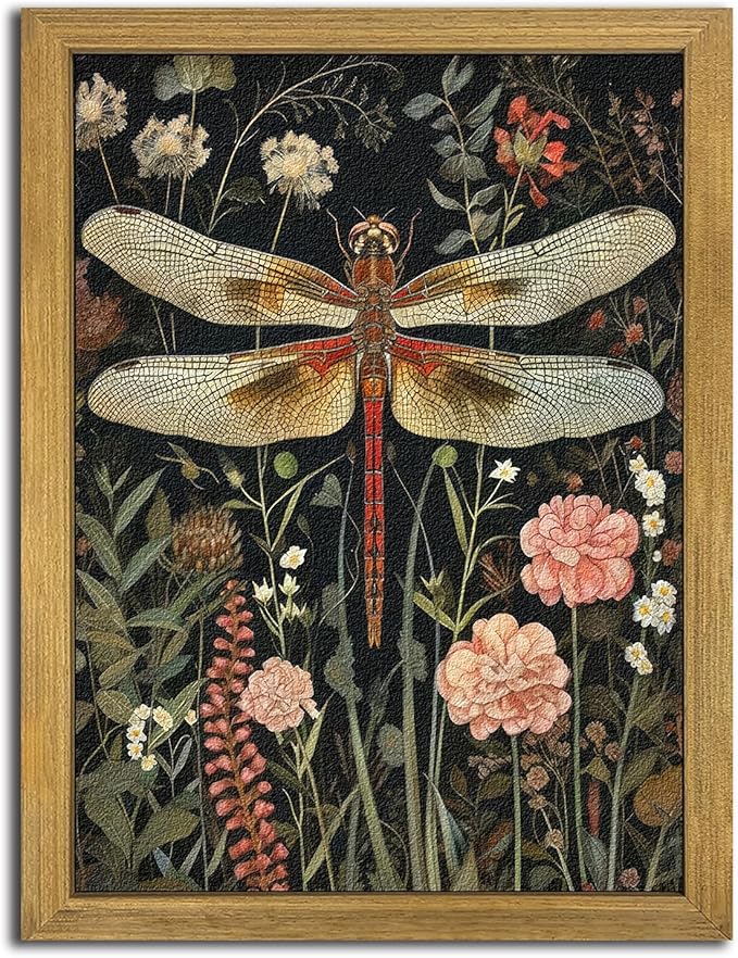 Framed Hand Drawn Sandstone Dragonfly Wall Art, Vintage 3D Textured Nature Botanical Wall Decor Pictures, Pink Flowers Print Painting for Living Room Kitchen Home Decor 16x24inch