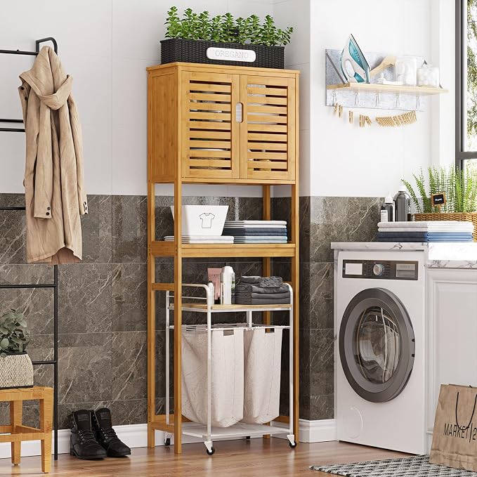 Over The Toilet Storage Cabinet, Tall Bathroom Cabinet Organizer with Cupboard and Adjustable Shelves, Freestanding Toilet Shelf Space Saver Rack Stand for Laundry Room, Balcony, Bamboo