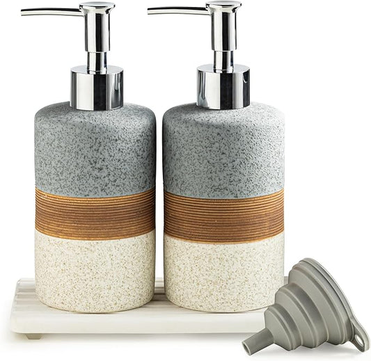 Ceramic Soap Dispenser Set of 2, Hand and Dish Soap Dispenser Set | Shower Shampoo Soap Dispenser for Bathroom, Kitchen | Stainless Steel Pump, Silicone Funnel and Diatomaceous Tray, 12 oz Gray