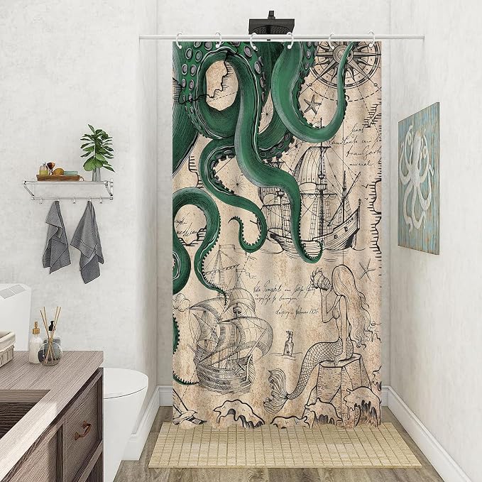 Fungarth Stall Vintage Green Nautical Octopus Shower Curtain Mermaid Funny Ocean Kraken Shower Curtains for Bathroom Cool Anchor Coastal Map Waterproof Fabric Bath Curtain Decor (Retro2, 36” x 72”)