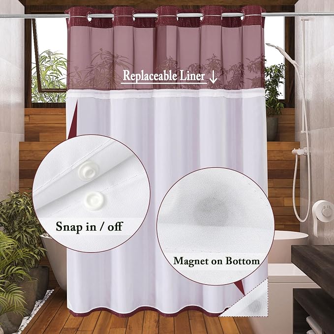 No Hook Cloth Burgundy Shower Curtain with Liner, 72x74 | Snap-in Fabric Liner, Hotel Style with Mesh Top Window, Waterproof Coating, Machine Washable, Rustproof Grommets