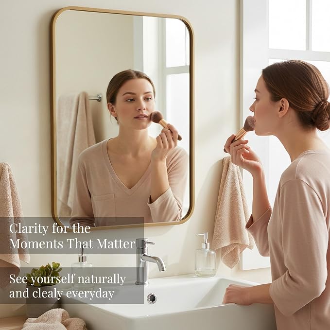 2-Pack 22x30 Inch Antique Gold Rounded Rectangle Bathroom Vanity Mirrors | Double Vanity or Two Bathrooms, Pair or Separate Use, Iron Frame, Layered Shadow Box Look, Two-Way Mount