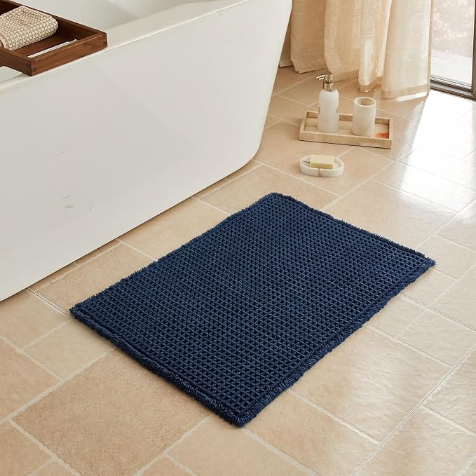 Triohero Waffle Bath Mat, Boho Bathroom Rugs Non Slip Washable, Ultra Soft Super Absorbent Quick Dry Farmhouse Bathroom Decor, 20" x 30", Navy Blue
