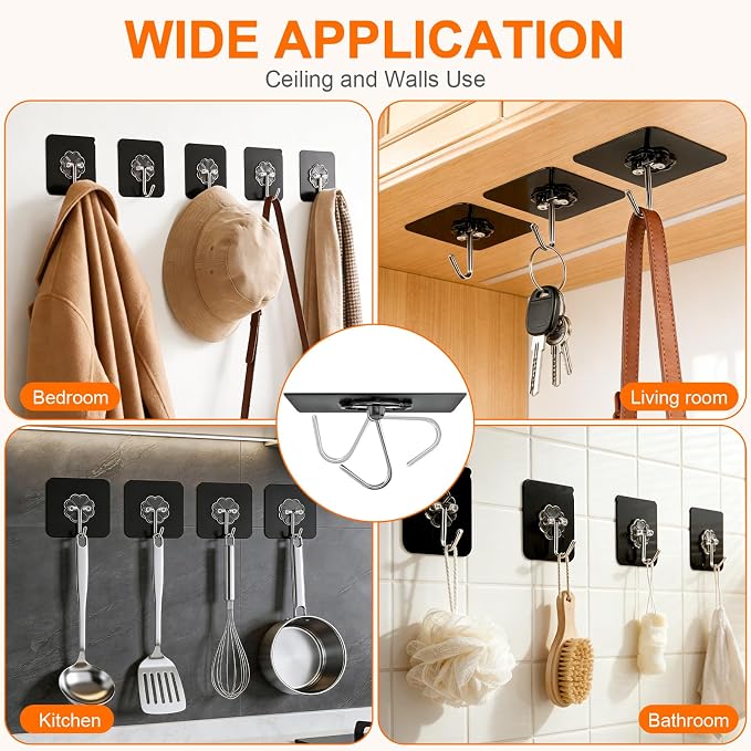 DDMY Black Heavy Duty Adhesive Hooks 2026 Upgraded 50lbs（Max） Sticky Wall Hooks for Hanging 12 Pack No Damage Hook Strong Waterproof Bathroom, Kitchen, Shower,Ceiling, Office and Outside Decor Hanger