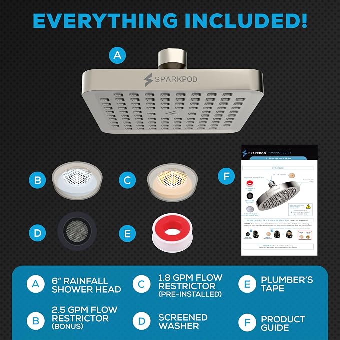 SparkPod Rain Shower Head, 8 Inch Square, Elegant Brushed Nickel Finish | High Pressure Shower Heads, 90 Nozzles, Adjustable Showerhead, No Tools Needed, Universal Connection