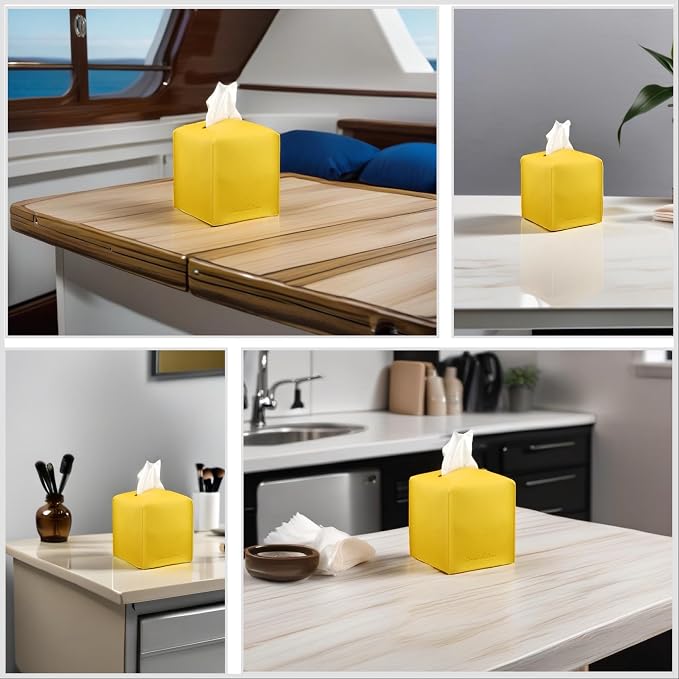Premium PU Leather Tissue Box Holder - Elegant Hotel-Style Tissue Box Cover for Home, Office & Car Décor, Tissues Cube Organizer for a Natural & Classic Look (Yellow 2 Pack)