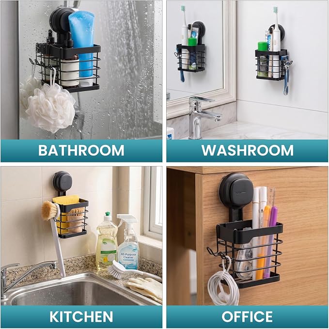 TAILI Suction Cup Toothbrush Holders with Visible Safety Indicator, Black | Wall Mounted, Visible Safety Indicator, Inverted Trapezoid Design Bathroom Organizer Removable for Tooth brush and Toothpaste