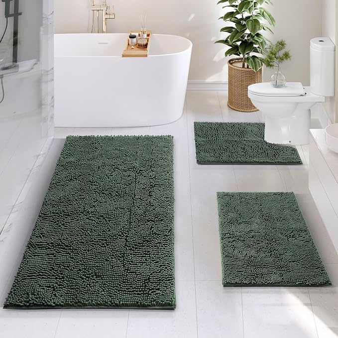 Hearth & Harbor Bathroom Rugs, Chenille Bath Mat - Machine Washable Bath Mats for Bathroom Non-Slip Backing Rubber, Quick Dry Mat - Hunter Green Bath Rug, 17x24-26x44-20x24