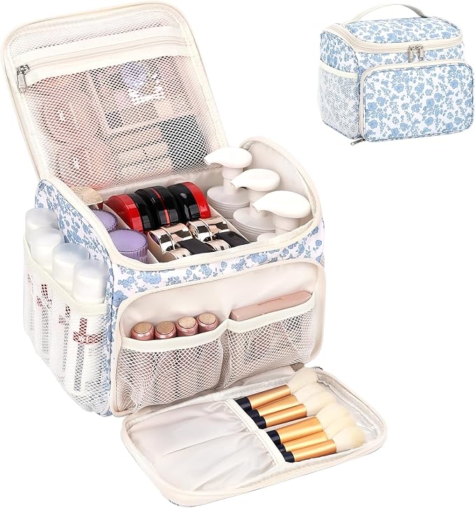 CUBETASTIC Travel Makeup Bag, Floral Make Up Bag with Brush Compartment, Vertical Storage Toiletry Bag with Partitions, Large Make Up Pouch for Women, Portable Makeup Case with Multi-Pockets