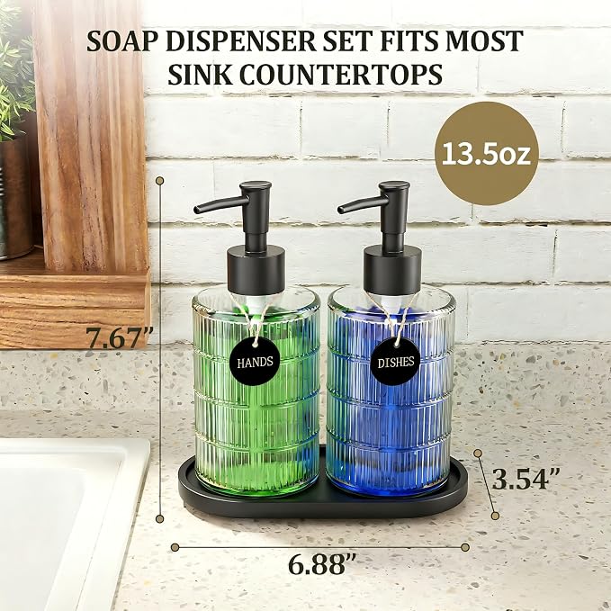 MASADI Soap Dispenser Set with Bamboo Tray, Dish and Hand Soap Lotion Dispenser Set with Wooden Pump for Kitchen and Bathroom Decor for Counter, Modern Vintage Liquid Soap Dispensers (Clear&Black)