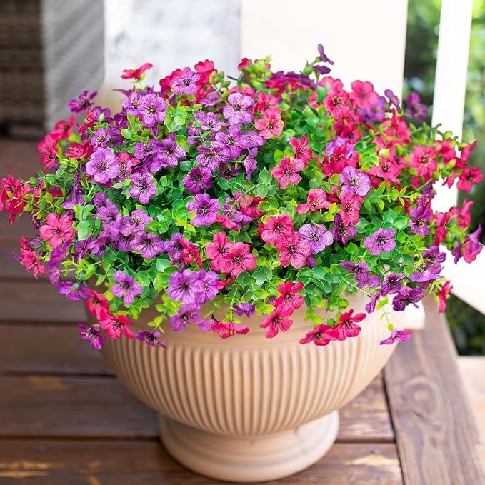 Artificial Flowers for Outdoor Indoor Garden Home Decoration, Faux Flower Daisy with Eucalyptus Leaves Fake Plants Greenery Boxwood Porch Patio, 12 Bundles (Purple Pink)