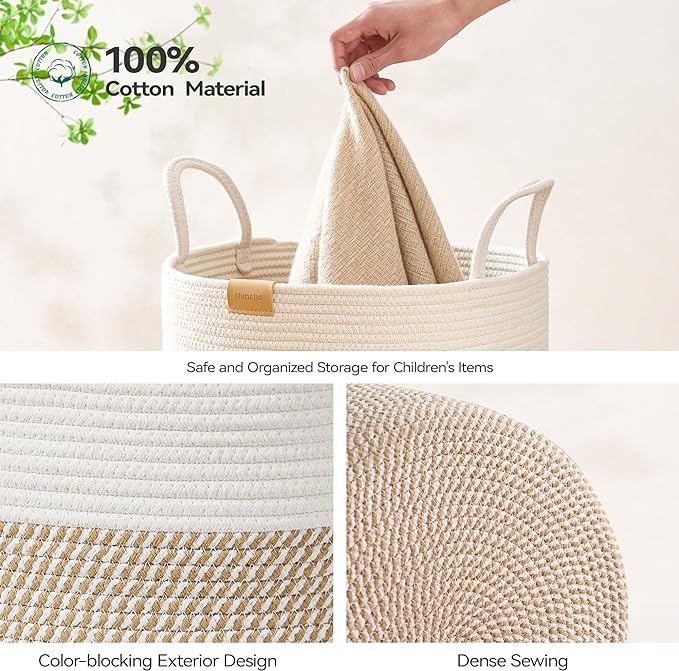 Nunsino 80L Laundry Hamper Basket,Baby Nursery Woven Storage Basket for Toys Bin,Pillows,Blankets,Clothes,Brown&White