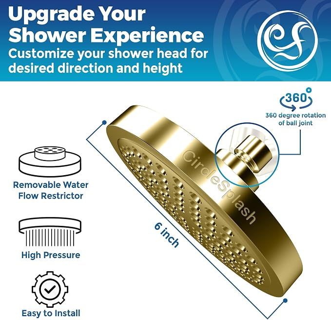 Shower Head - High Pressure 2.5 GPM - Gold | Anti-clog silicone nozzles, removable restrictor, easy-clean fixed replacement