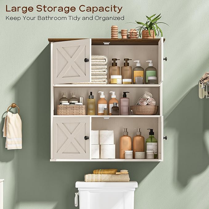 Vabches Bathroom Wall Cabinet, Farmhouse Medicine Cabinet with 4 Barn Doors, Large Wooden Vintage Storage Cabinet Wall Mounted for Bathroom, Kitchen, Rustic White