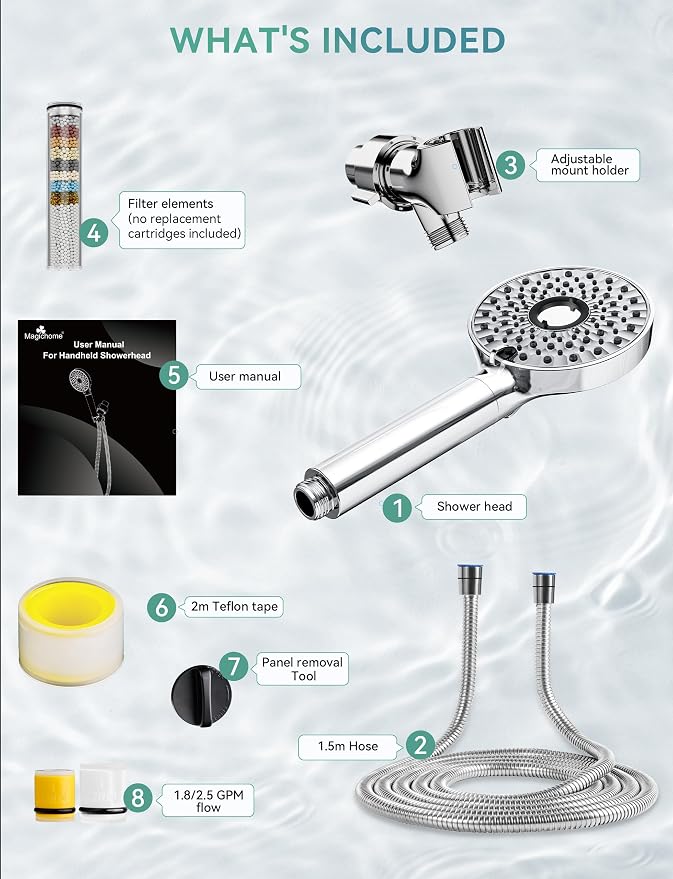 Magichome Filtered Shower Head with Handheld, 10-Mode Adjustable Detachable Chrome Showerhead w/Stainless Hose, Water Softener Filter Beads for Hard Water - Remove Chlorine, Reduce Dry Itchy Skin