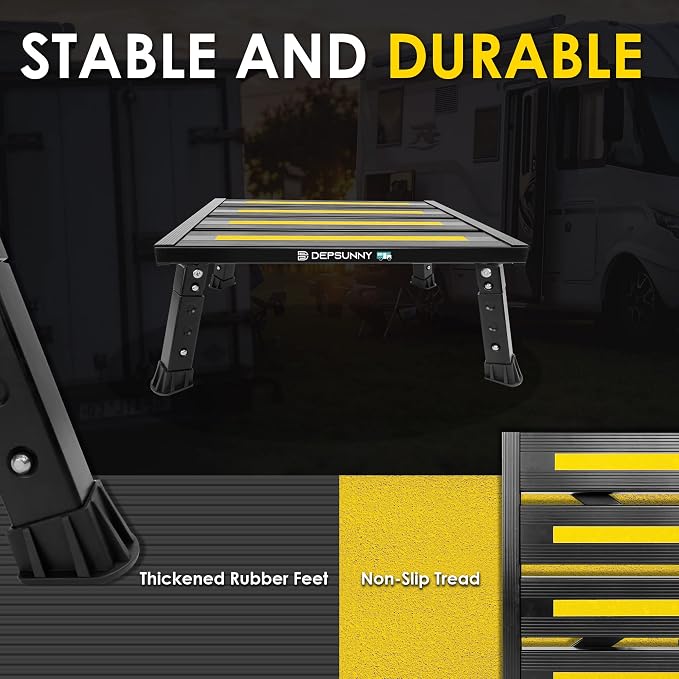 Adjustable RV Step Stool, Wide Platform, Foldable Legs, Black | 3 Height Settings, 1,000-lb Capacity, Aluminum Frame, Non-Slip Rubber Feet, Portable Step for Camper Stairs and Trailers