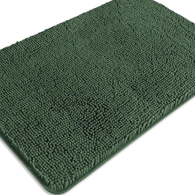 Hunter Green Bathroom Rugs – Absorbent and Washable Bath Mat, Non-Slip, Thick Soft Chenille Bath Rugs for Bathroom Floor, Shower, Sink - 24" x 36"
