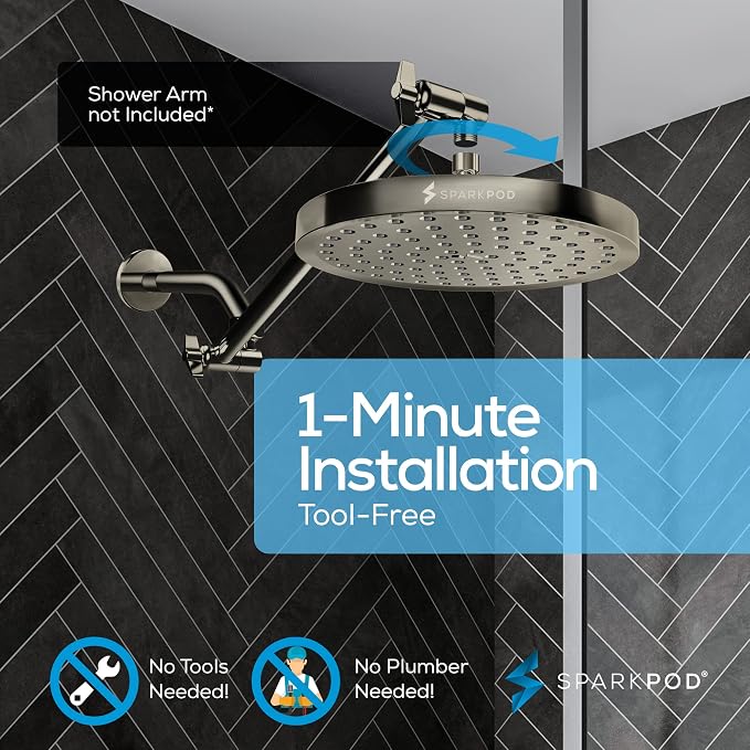 SparkPod Rain Shower Head, 8 Inch Round, Elegant Brushed Nickel Finish | High Pressure Shower Heads, 90 Nozzles, Adjustable Showerhead, No Tools Needed, Universal Connection