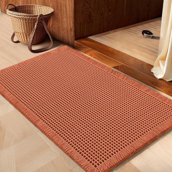 Waffle Bath Mat Burnt Orange 32"x20", Boho Woven Modern Bath Mat Rugs, Absorbent Non Slip Bathroom Rugs, Soft Washable Bath Rugs with Tassels for Bedroom, Kitchen, Shower, Tub