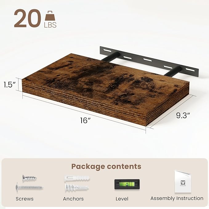 Vivelove Floating Shelves 9 inch Deep 16”Long Set of 2, Rustic Brown | Easy Install With Hardware, 1.5" Thick, Invisible Brackets, Wall Mounted, No Sagging, For Any Room