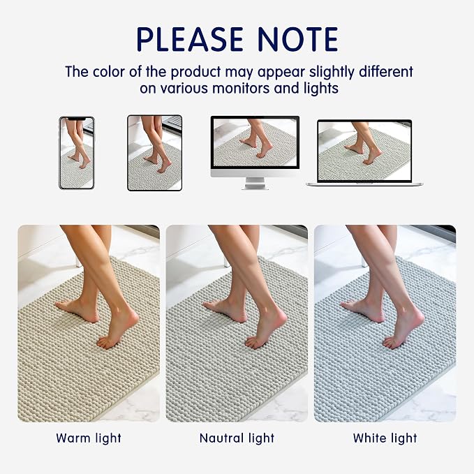 SUBRTEX Bathroom Rugs, 20" x 32" Chenille Bath Rug Soft Short Plush Bath Mat Soft Shower Mat Water Absorbent Shower Mat Quick Dry Machine Washable, Light Gray