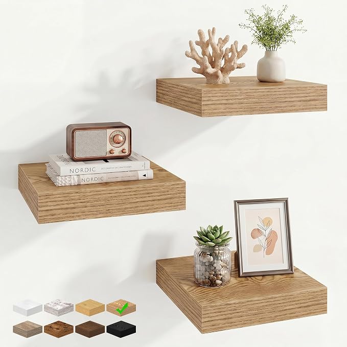 Marsmiles 9.25in Depth Floating Shelves, 10x10x1.4, Light Brown, Set of 3 | Small Wall Mounted Square Shelves, Engineered Wood, Invisible Brackets, Living Room, Bedroom, Bathroom, Kitchen Decor
