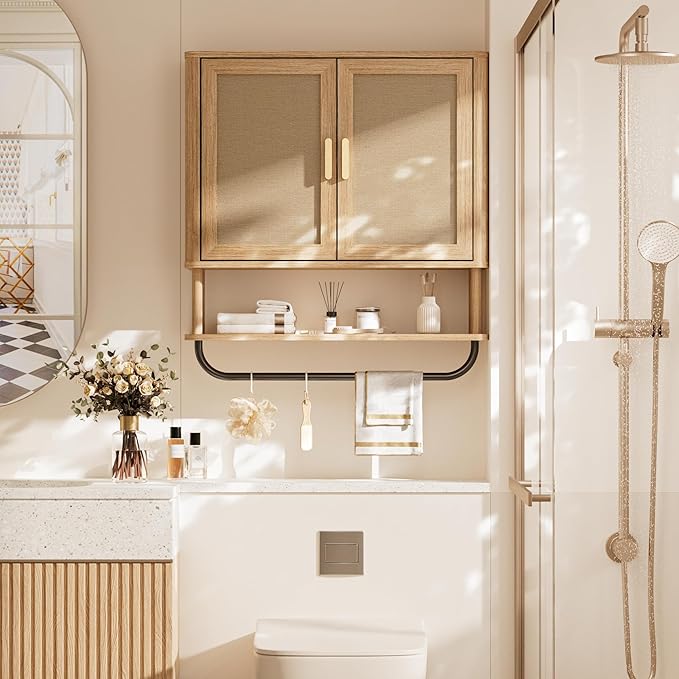 Rattan Bathroom Wall Cabinet with Towel Bar, Wall-Mounted Medicine Cabinet with Adjustable Wood Shelf & Doors, Over the Toilet Storage Cabinet for Laundry Room & Kitchen & Living Room