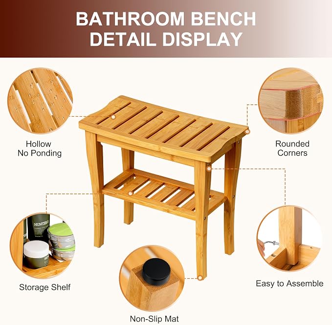 Bamboo Shower Bench Stool with Storage Shelf, Waterproof Shower Chair Spa Bath Seat, Shower Stool for Inside Shower, Bathroom Bench Seat for Adults Elderly Seniors for Indoor or Outdoor Use