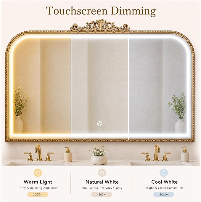 33x26 LED Mirror with Lights Gold Arched Bathroom Vanity Mirror | Gold arched LED bathroom mirror with lights, 33x26 inch wall mirror, touch control vanity mirror for bathroom, home decor
