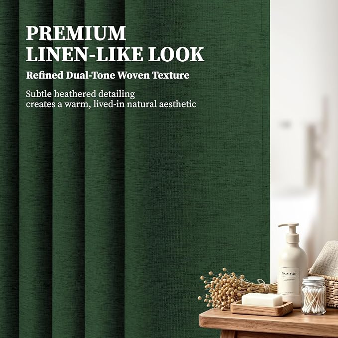 Emerald Green Linen Textured Waterproof Fabric Shower Curtain, 72x72 | 230GSM Polyester, Heavy Duty Cloth, Weighted Hem, 12 Plastic Hooks, Modern Hotel Style, Machine Washable, Bathroom Decor