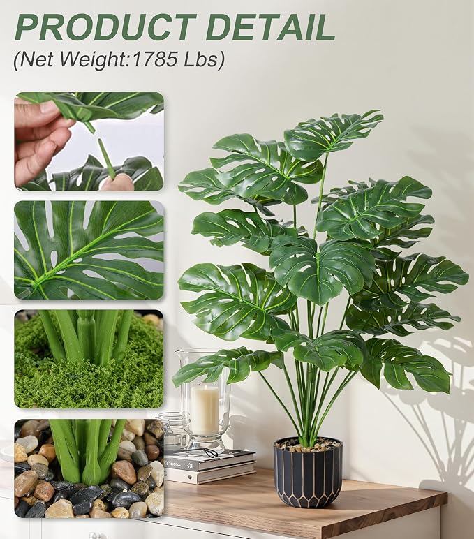 florisso 28" Fake Plants Artificial Monstera Plant Tall Faux Plants | Indoor Outdoor Tree, Fade-Resistant, Zero Maintenance, Premium Durable for Living Room Bedroom Home House Decoration
