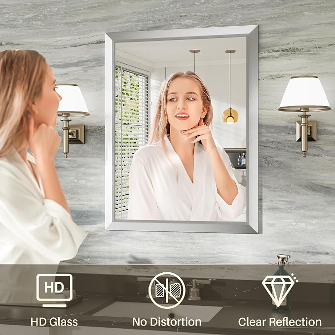 28x36 Inch Brushed Silver Bathroom Mirror for Wall, Thick Metal Framed Rectangle Mirrors for Over Sink, Bedroom, Living Room, Entryway, Anti-Rust, HD Tempered Glass