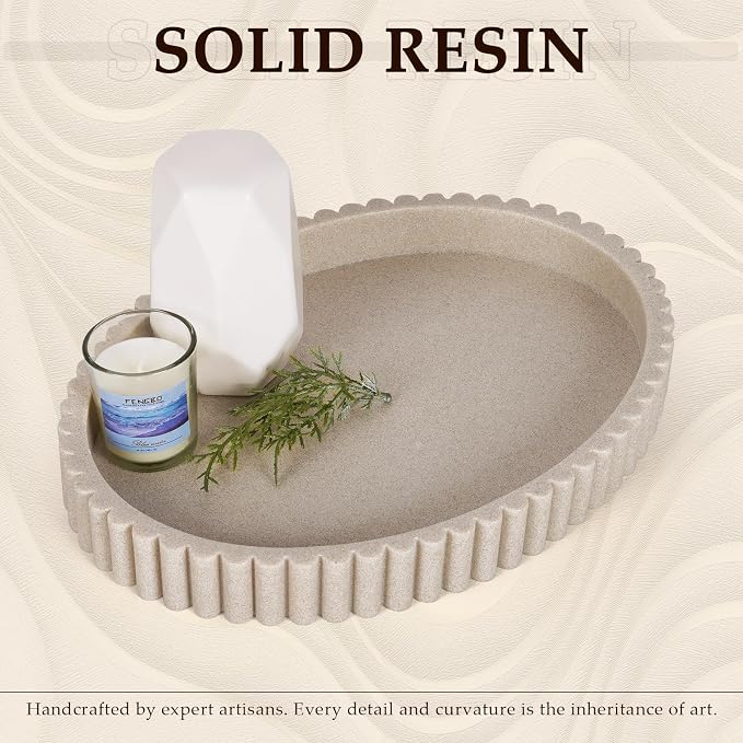Oval Tray for Coffee Table Decor, 13" Resin Coffee Table Tray, Beige Resin | Decorative Tray, Solid Resin, Aesthetic Home Decor, Table Decor Trays for Living Room, Entryway, Nightstand, Dresser