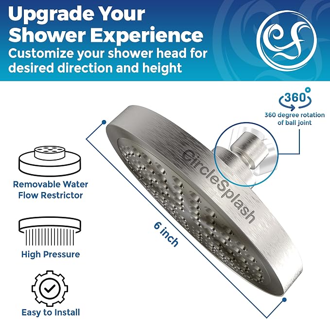 Shower Head - High Pressure 2.5 GPM - Brushed Nickel | Anti-clog silicone nozzles, removable restrictor, easy-clean fixed replacement