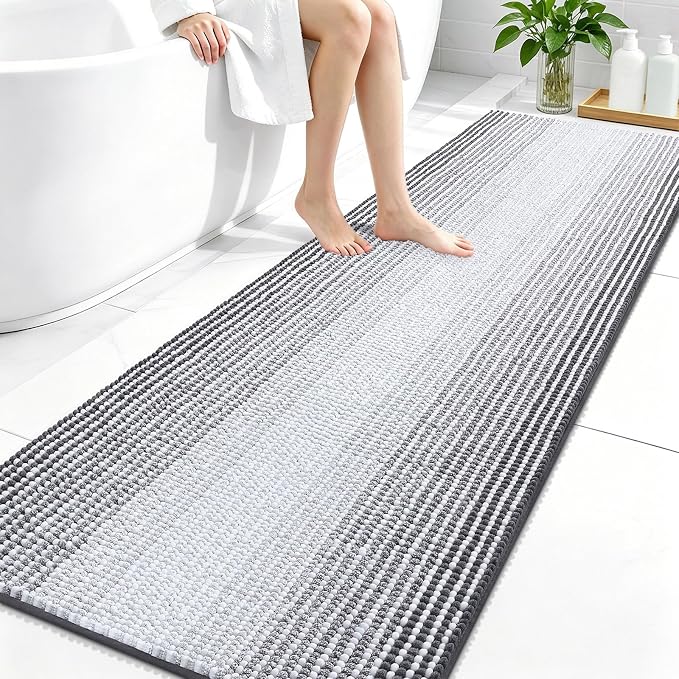 OLANLY Bathroom Runner Rugs 70x24, Soft Chenille Striped Bath Rugs, Grey | Extra Absorbent, Rubber Backing, Machine Wash Dry, Bath Mats for Bathroom Floor, Tub and Shower, Home Decor Accessories