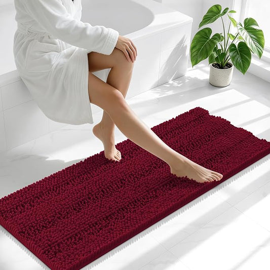 Smiry Thick Chenille Bathroom Runner Rugs 44x24, Soft Bath Mat, Burgundy | Quick‑Dry & Machine Washable, Non‑Slip Bath Carpet, Striped Bath Rugs for Tub & Shower, Modern Home Decor Accessories
