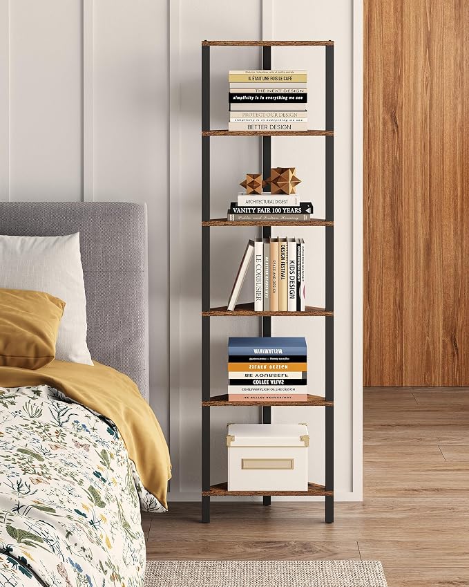 TUTOTAK Corner Shelf, 6-Tier Corner Bookshelf for Small Space | Narrow Display Corner Shelf Stand with Storage Rack, for Living Room, Bedroom, Rustic Brown BS05BB006