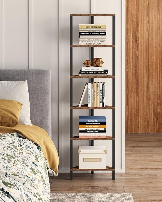 TUTOTAK Corner Shelf, 6-Tier Corner Bookshelf for Small Space | Narrow Display Corner Shelf Stand with Storage Rack, for Living Room, Bedroom, Rustic Brown BS05BB006