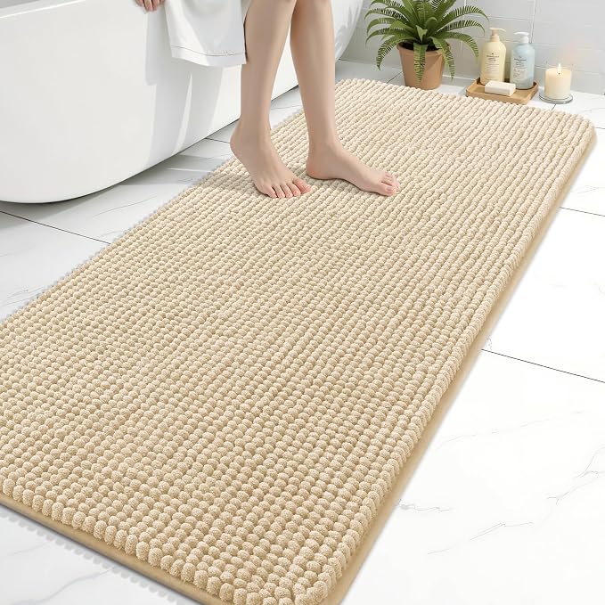 Arotive Chenille Bathroom Rugs 59x24, Soft Absorbent Bath Mat, Beige | Rubber Backing, Machine Washable Dry Bath Mats for Bathroom Floor, Tub and Shower, Home Decor Accessories