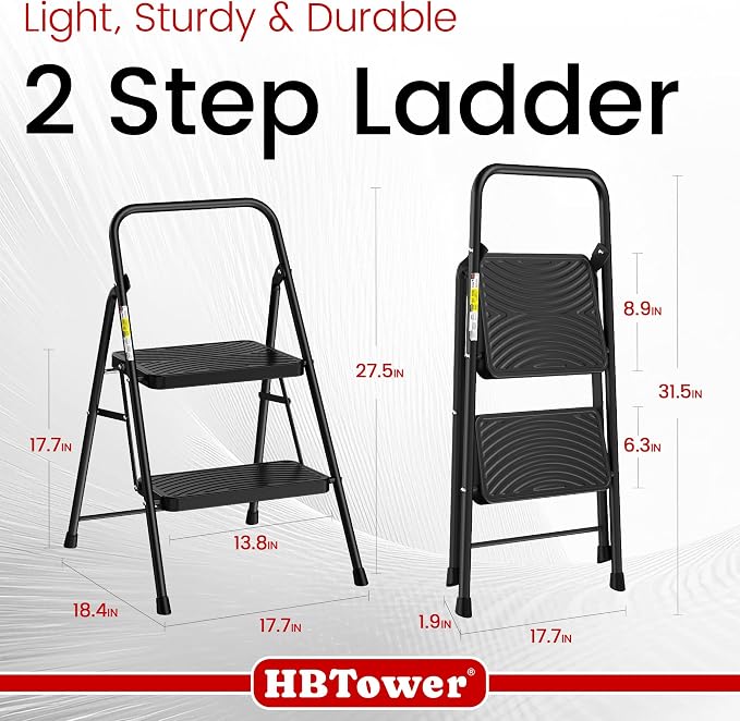 HBtower 2 Step Ladder, Step Stool with Wide Anti-Slip Pedal | Step Ladder Folding Step Stool for Adults, Lightweight Steel Portable ladders for Home Kitchen