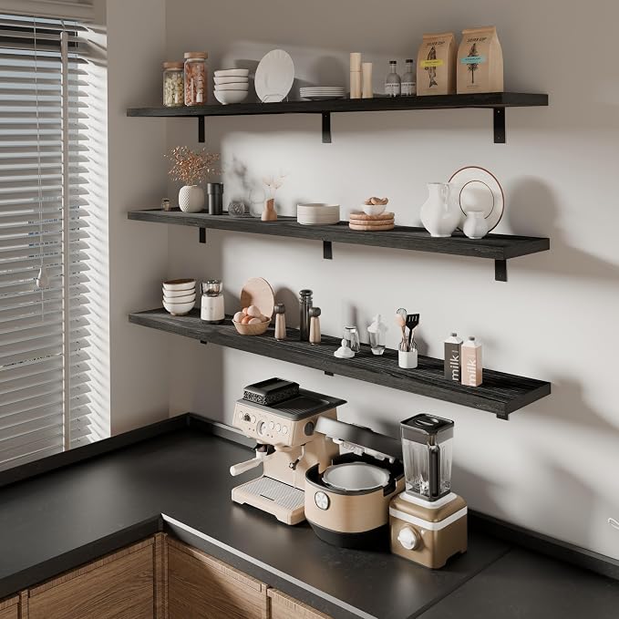 10x60 Inch Farmhouse Floating Shelf, Solid Wood Wall Mounted, Storage for Living Room, Kitchen, Bedroom (Black, Set of 3)