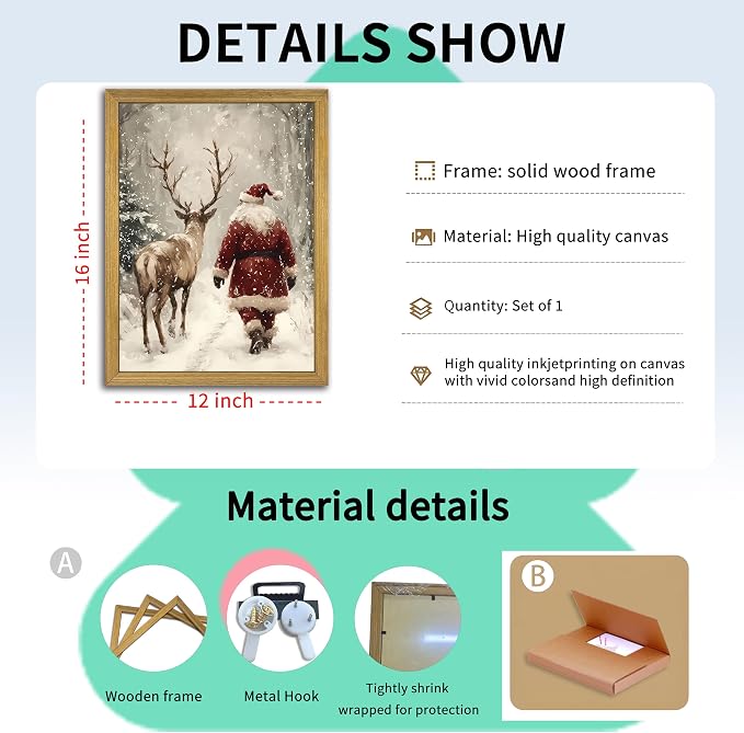 Wood Framed Vintage Christmas Wall Art, Santa Claus Reindeer Canvas Wall Decor Painting, Rustic Winter Painting Artwork Poster Print Picture for Living Room Bedroom Home 12x16 Inch