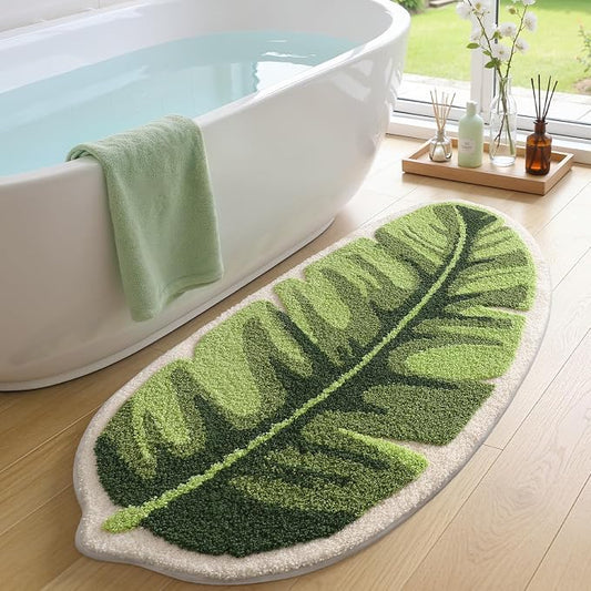 LUMI Cute Bathroom Rug Green Leaf, Absorbent Non Slip Bath Mat, 19.5"x39.5" | Palm Leaf Plant, Soft Plush Microfiber, Quick Dry, Washable for Shower Floor, Bathroom, Sink Bathtub, Bedroom, Kids Room