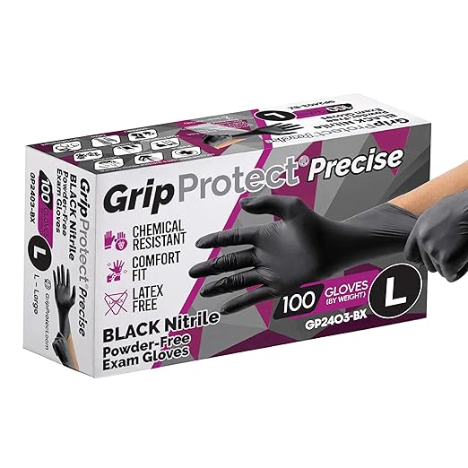 GripProtect Precise Black Nitrile Gloves 4 Mil, Chemical Resistant Gloves | Large Textured Grip for Mechanics, Tattoos, Food Prep & Cleaning – Medical Grade Disposable Gloves